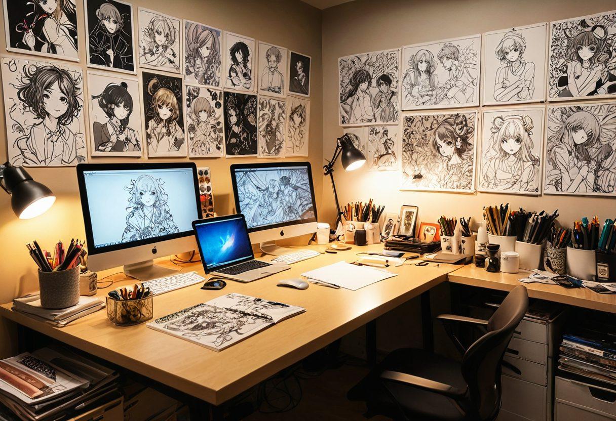 An artistic representation of a manga artist’s workspace, showcasing colorful illustrations of various adult animation characters on the walls, with a tablet for digital drawing in the foreground. Include vibrant colors, art supplies scattered around, and a cozy atmosphere to reflect creativity and community. Capture the essence of both sexuality and artistry in a tasteful manner. vibrant colors. illustration style. cozy lighting.